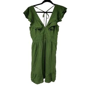 Davi &‎ Dani Green Ruffle Sleeve Open Back Rayon Linen Blend Dress.